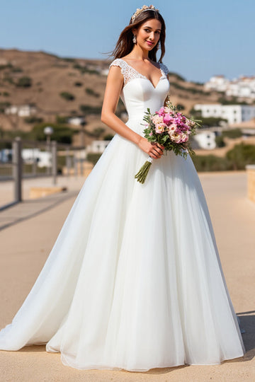 White A Line Tulle Sweep Train Wedding Dress with Lace